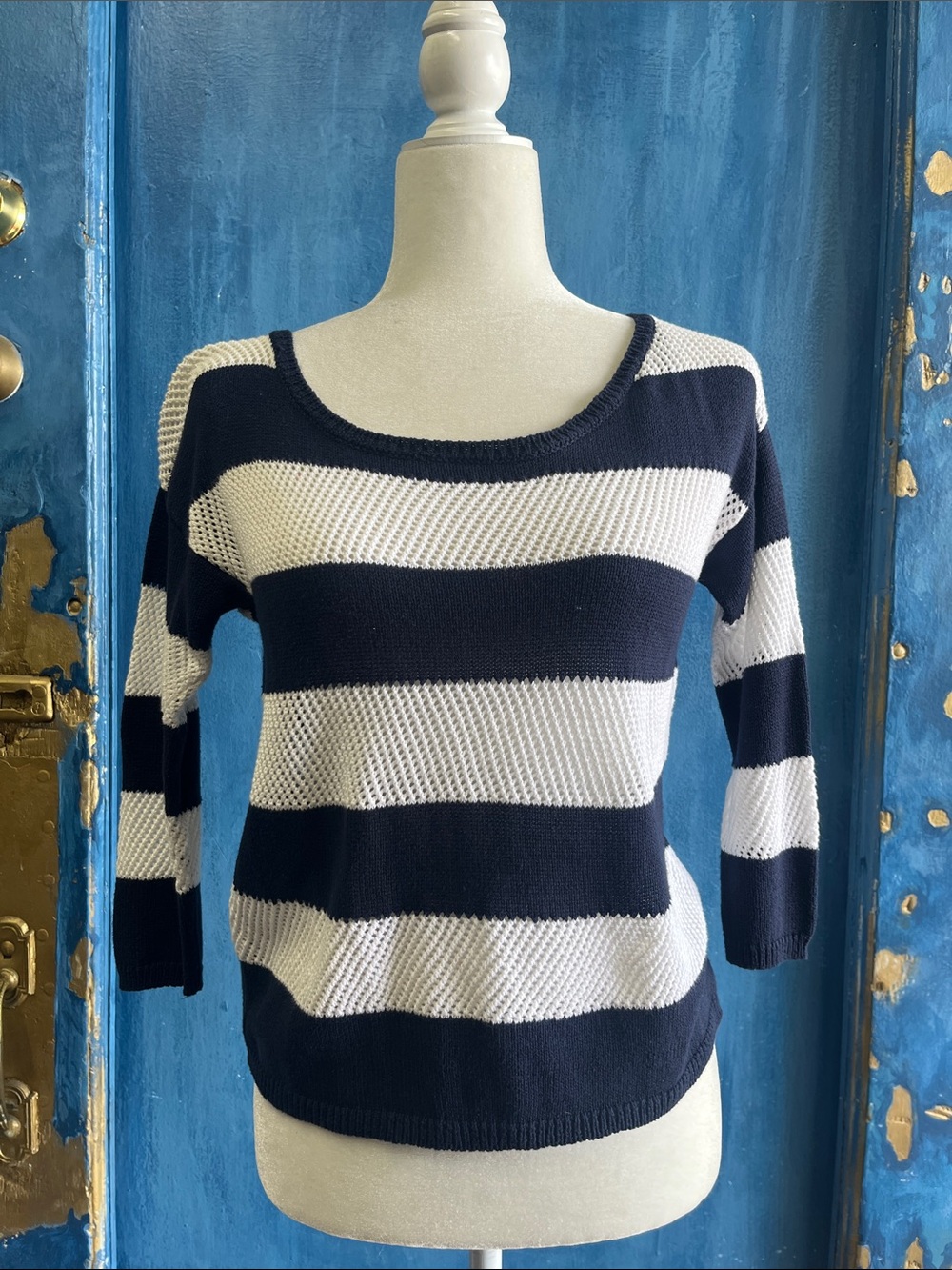 Aeropostale Navy and White Striped Scoop Neck Sweater